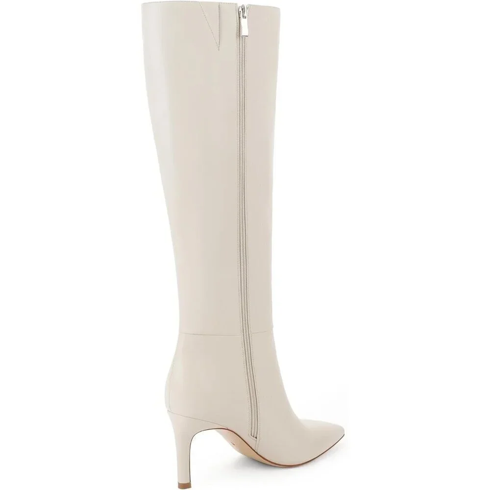 Women Beige Faux Leather Pointed Toe Tall  Stiletto High Heel Zipper Dress Boots